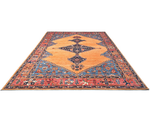 9x12 Orange Blue Aryana Afghan Hand Knotted Veg Dye Wool Area Rug